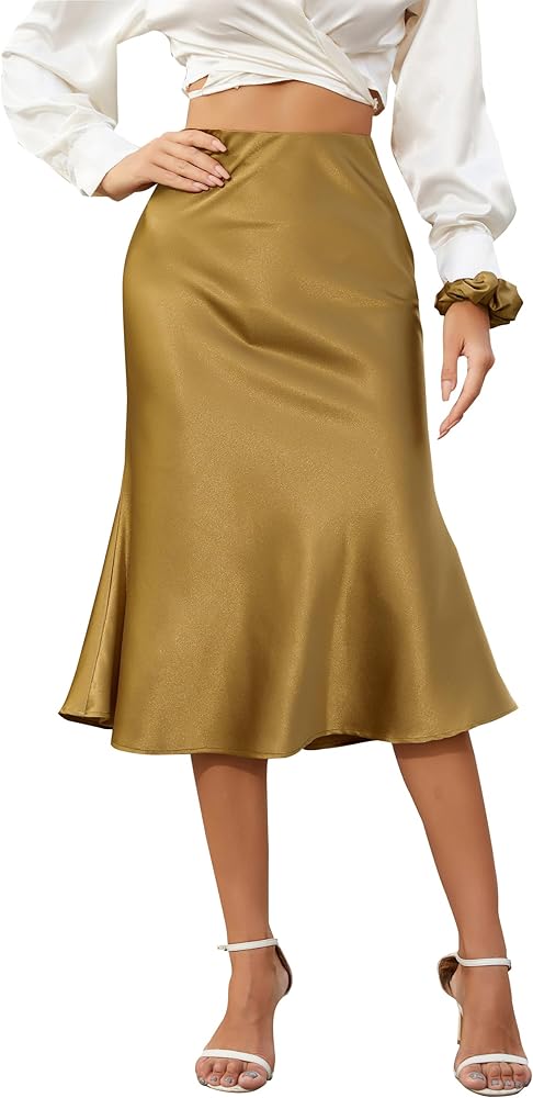 ALCEA ROSEA Womens High Waist Midi Skirt Fishtail Silky Satin